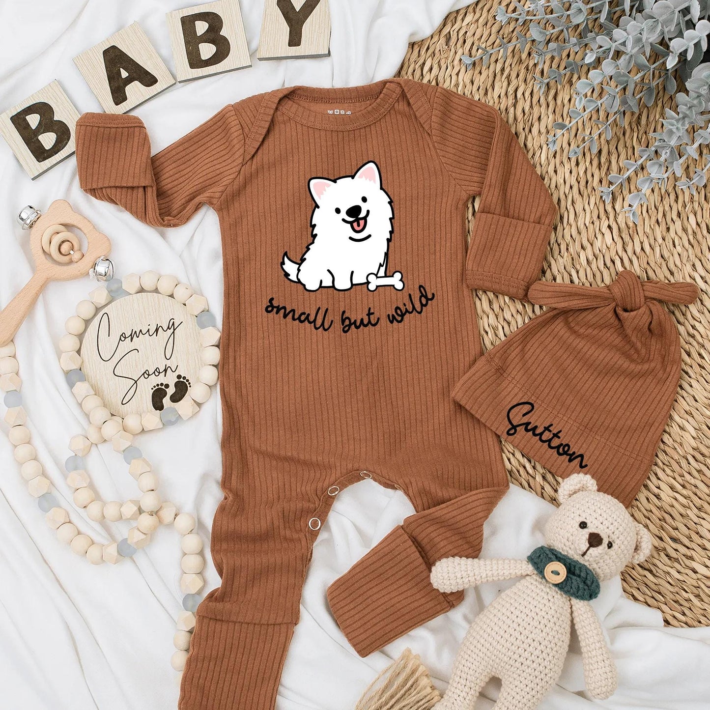 Small But Wild Baby Bodysuit Cute Cartoon Dog Puppy with Tongue Out Happy Expression Black and White Minimalist Playful Design Newborn Outfit