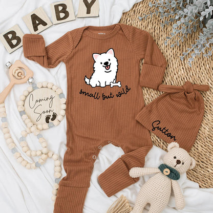 Small But Wild Baby Bodysuit Cute Cartoon Dog Puppy with Tongue Out Happy Expression Black and White Minimalist Playful Design Newborn Outfit