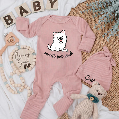 Small But Wild Baby Bodysuit Cute Cartoon Dog Puppy with Tongue Out Happy Expression Black and White Minimalist Playful Design Newborn Outfit