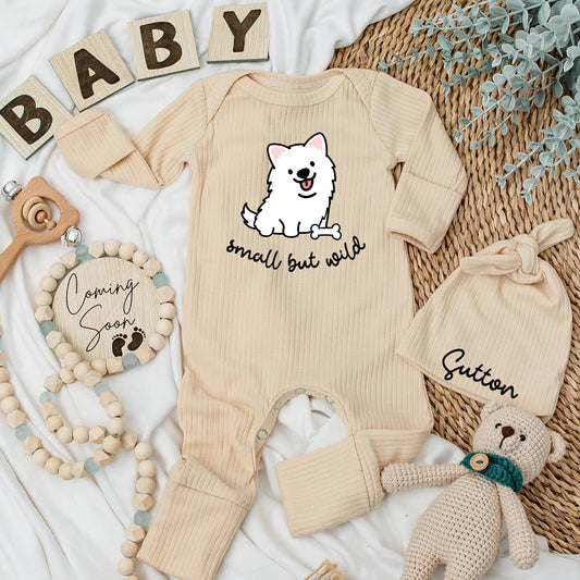 Small But Wild Baby Bodysuit Cute Cartoon Dog Puppy with Tongue Out Happy Expression Black and White Minimalist Playful Design Newborn Outfit
