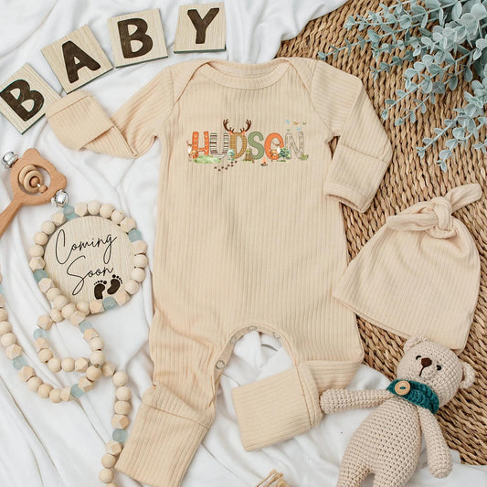 Personalized Baby Name Bodysuit Deer Hunting Woodland Newborn Outfit Rustic Earth Tones Playful Animal Tracks Baby Shower Gift Romper