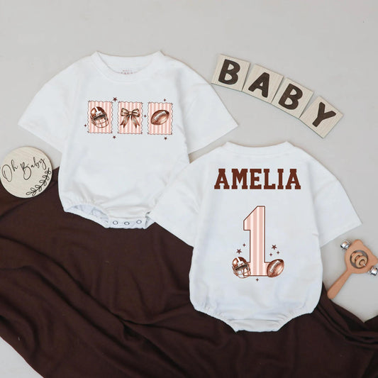 Amelia Custom Name Football Romper for Baby Girl 1st Birthday Outfit, Pink & White Stripes, Football Bow, Fall Touchdown Season