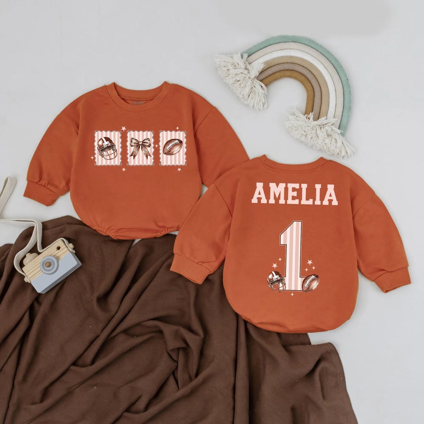 Amelia Custom Name Football Romper for Baby Girl 1st Birthday Outfit, Pink & White Stripes, Football Bow, Fall Touchdown Season