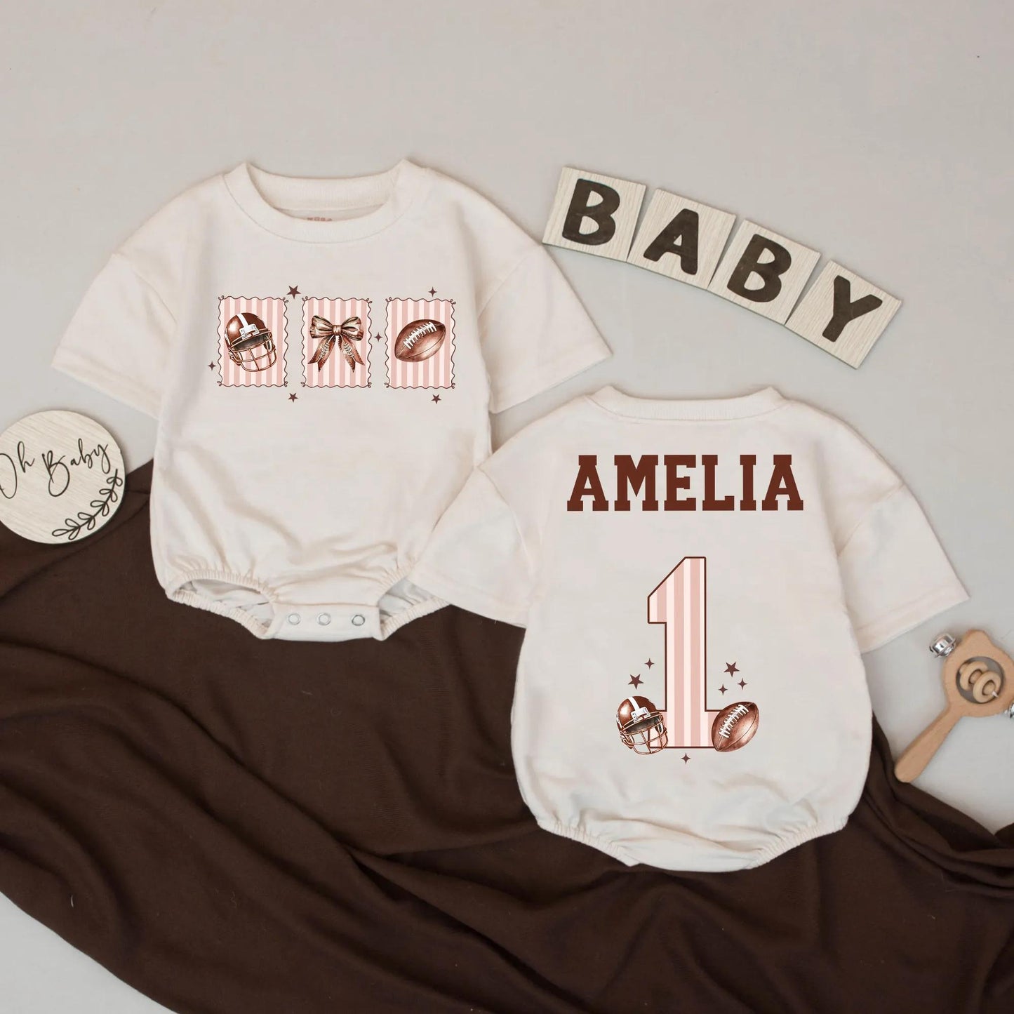 Amelia Custom Name Football Romper for Baby Girl 1st Birthday Outfit, Pink & White Stripes, Football Bow, Fall Touchdown Season
