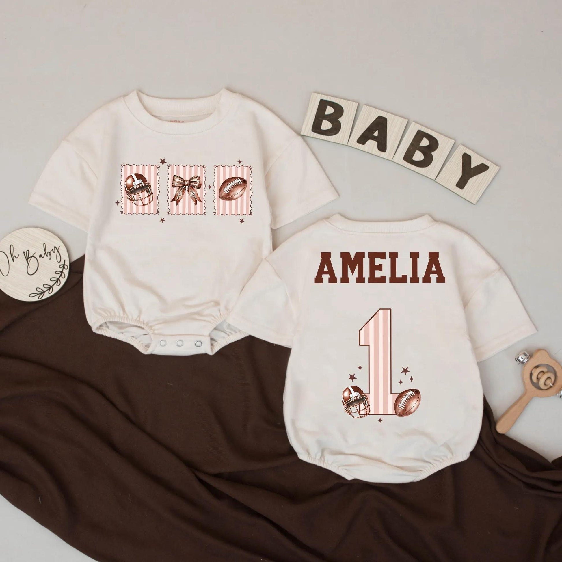 Amelia Custom Name Football Romper for Baby Girl 1st Birthday Outfit, Pink & White Stripes, Football Bow, Fall Touchdown Season