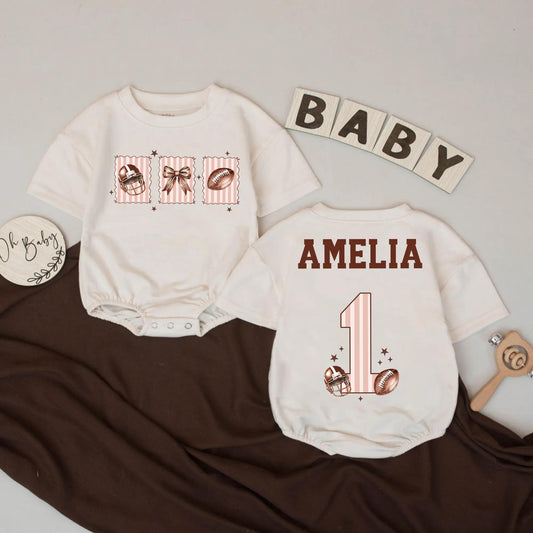 Amelia Custom Name Football Romper for Baby Girl 1st Birthday Outfit, Pink & White Stripes, Football Bow, Fall Touchdown Season