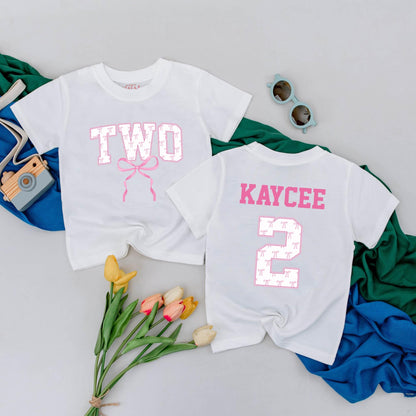 Two Birthday Girl Personalized Tee with Pink Bows Cute 2nd Birthday Outfit Toddler Party Shirt Custom Name Birthday Gift Idea Girl Second Birthday 138