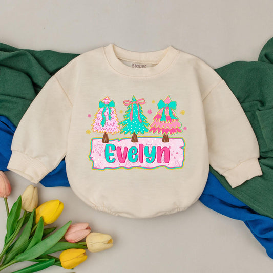 Evelyn Personalized Christmas Girly Romper Pink Teal Trees Bows Snowflakes Baby Winter Outfit Adorable Xmas Gift Newborn Girl First Christmas