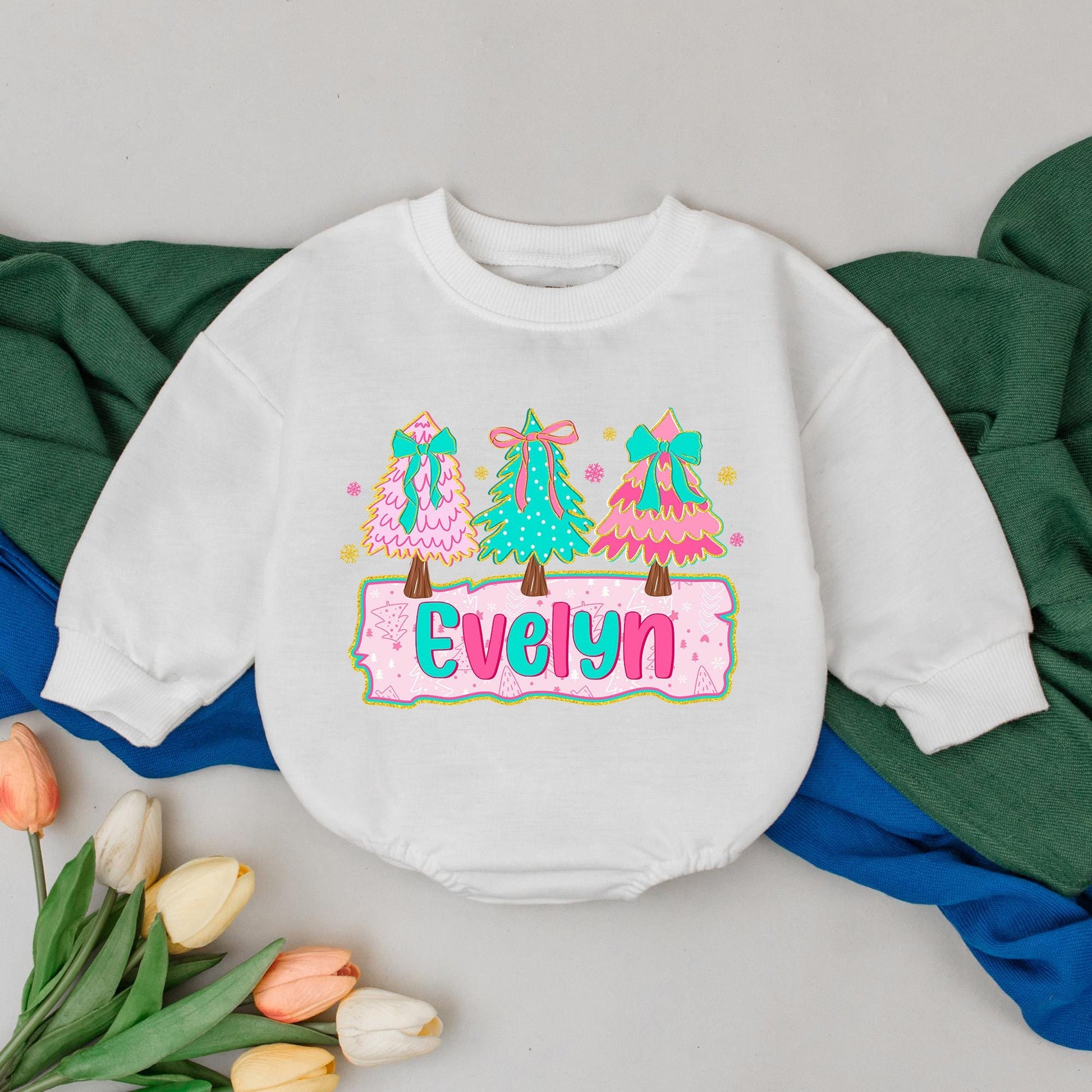 Evelyn Personalized Christmas Girly Romper Pink Teal Trees Bows Snowflakes Baby Winter Outfit Adorable Xmas Gift Newborn Girl First Christmas