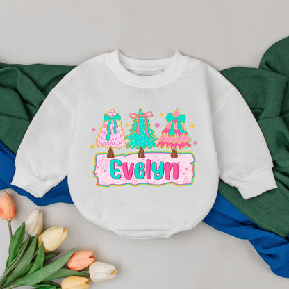 Evelyn Personalized Christmas Girly Romper Pink Teal Trees Bows Snowflakes Baby Winter Outfit Adorable Xmas Gift Newborn Girl First Christmas