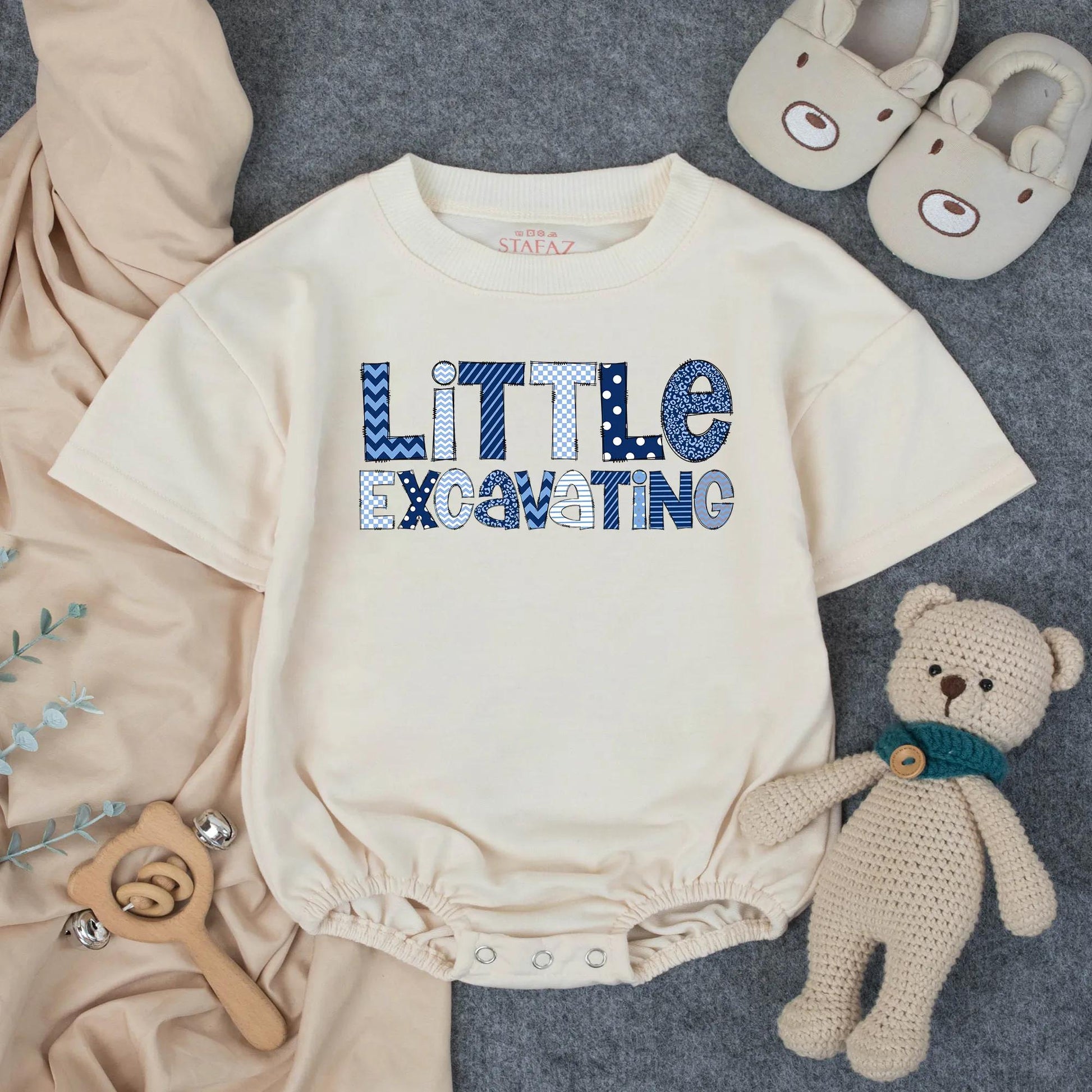 Little Excavating Personalized Boy Bubble Romper Baby Shower Gift Custom Name Toddler Birthday Outfit Blue Print Cotton