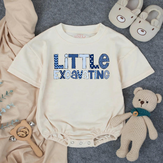 Little Excavating Personalized Boy Bubble Romper Baby Shower Gift Custom Name Toddler Birthday Outfit Blue Print Cotton