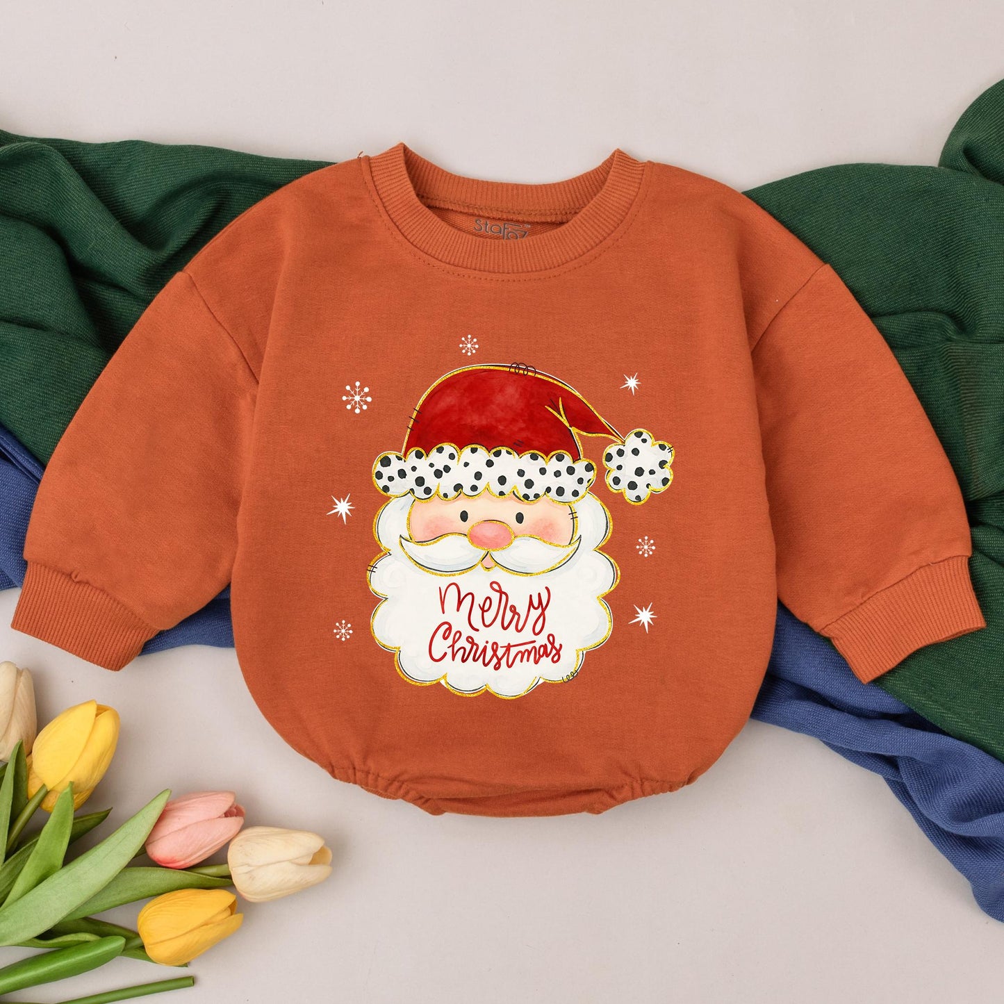 Vintage Santa Romper: Merry Christmas Baby Outfit, First Xmas Bodysuit, Hand-Drawn Style, Red Snowflake Winter Clothes Gift, Newborn Girl (138 chars)