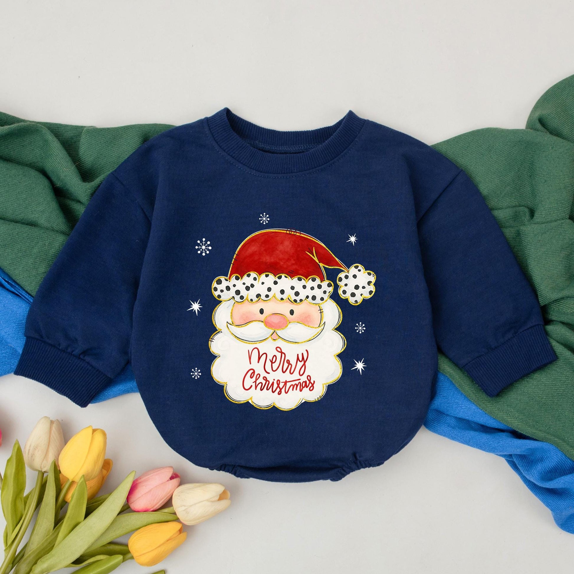 Vintage Santa Romper: Merry Christmas Baby Outfit, First Xmas Bodysuit, Hand-Drawn Style, Red Snowflake Winter Clothes Gift, Newborn Girl (138 chars)