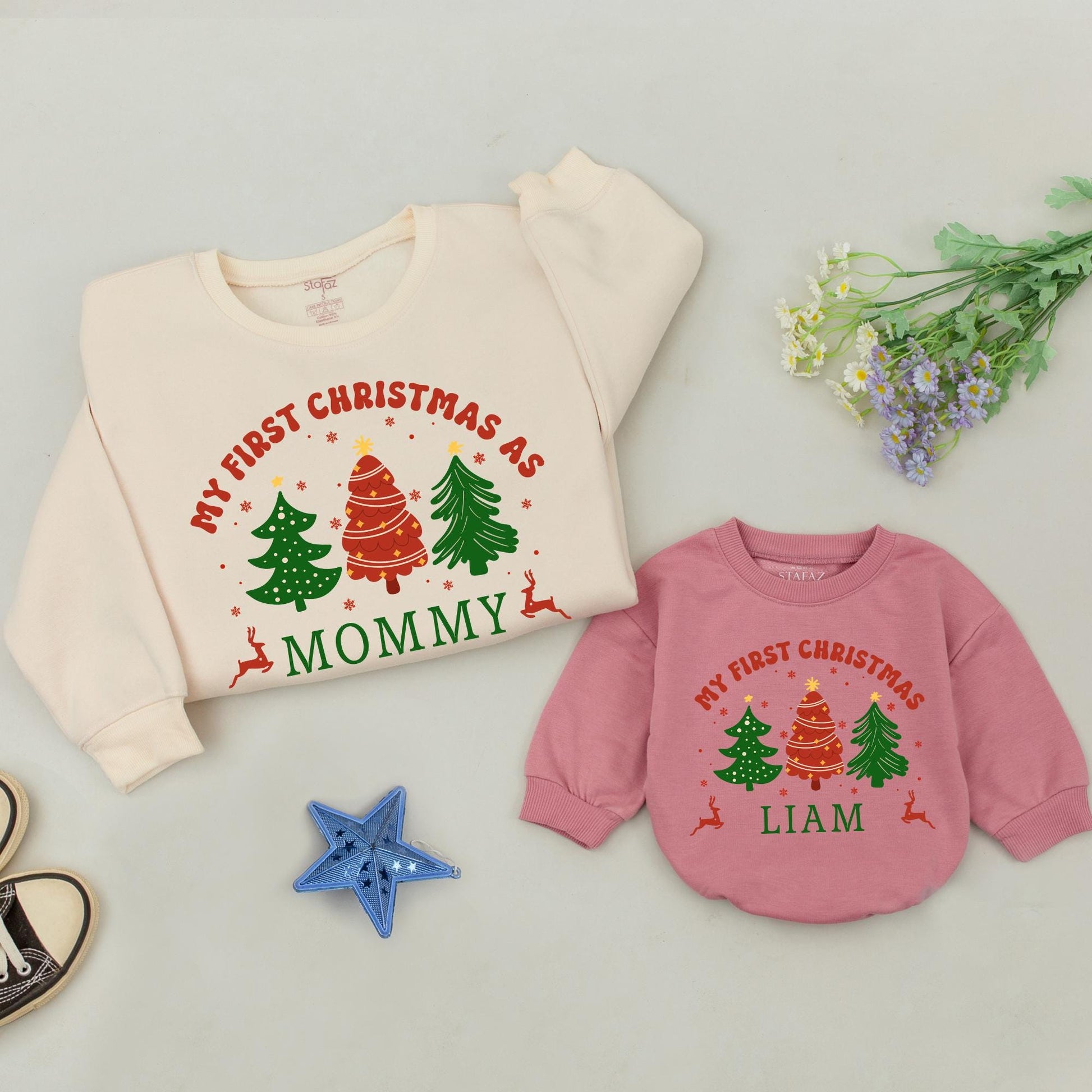 Matching Family Christmas Sweatshirts - My First Christmas As Mommy, Daddy, or Liam! Red & Green Festive Holiday Gifts for New Parents