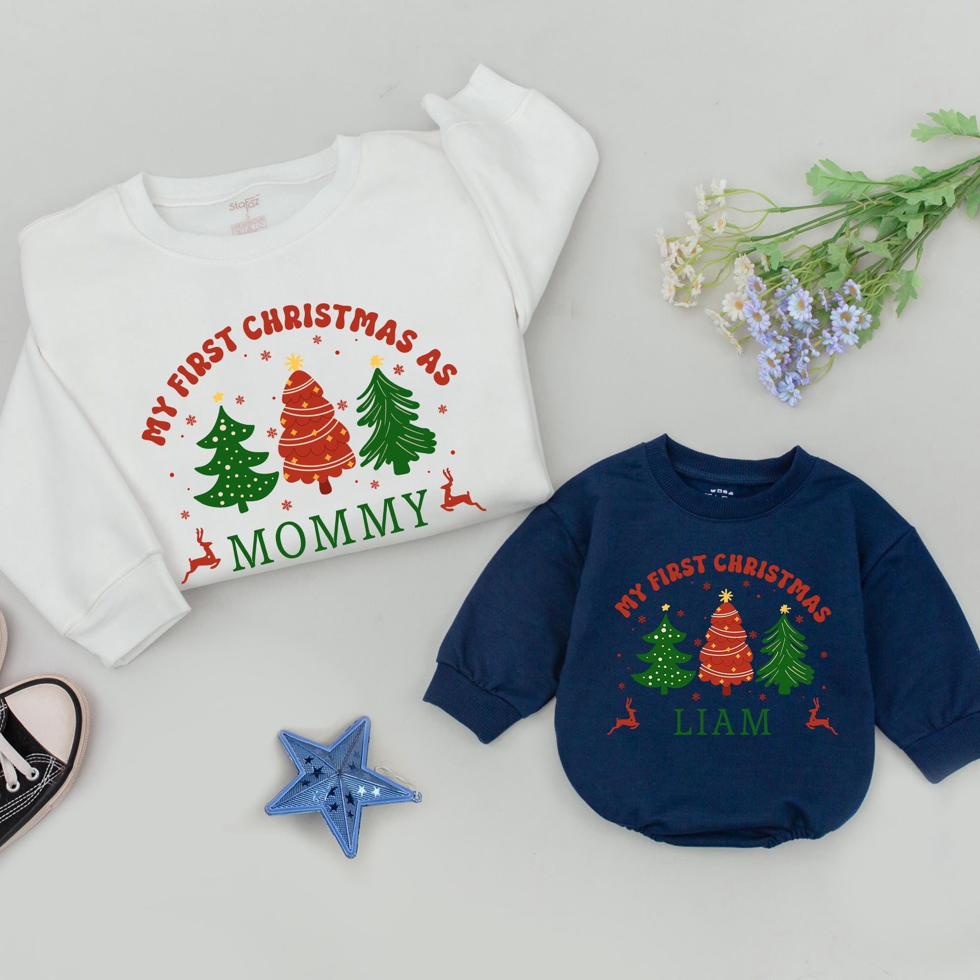 Matching Family Christmas Sweatshirts - My First Christmas As Mommy, Daddy, or Liam! Red & Green Festive Holiday Gifts for New Parents