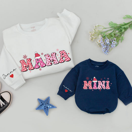 Personalized Retro Pink Mommy and Me Christmas Sweatshirt Set with Patterned Block Letters, Santa Hats, Snowflakes, Custom Name Heart Sleeve