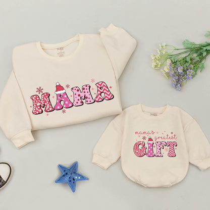 Personalized Mama & Me Pink Christmas Sweatshirts, Matching Baby Romper, Retro Holiday Outfits with Santa Hats and Playful Patterns