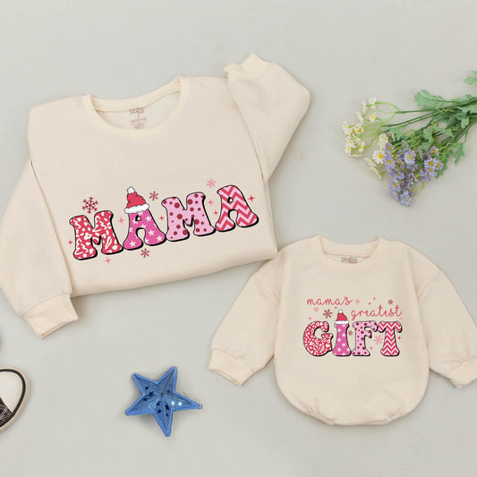 Personalized Mama & Me Pink Christmas Sweatshirts, Matching Baby Romper, Retro Holiday Outfits with Santa Hats and Playful Patterns