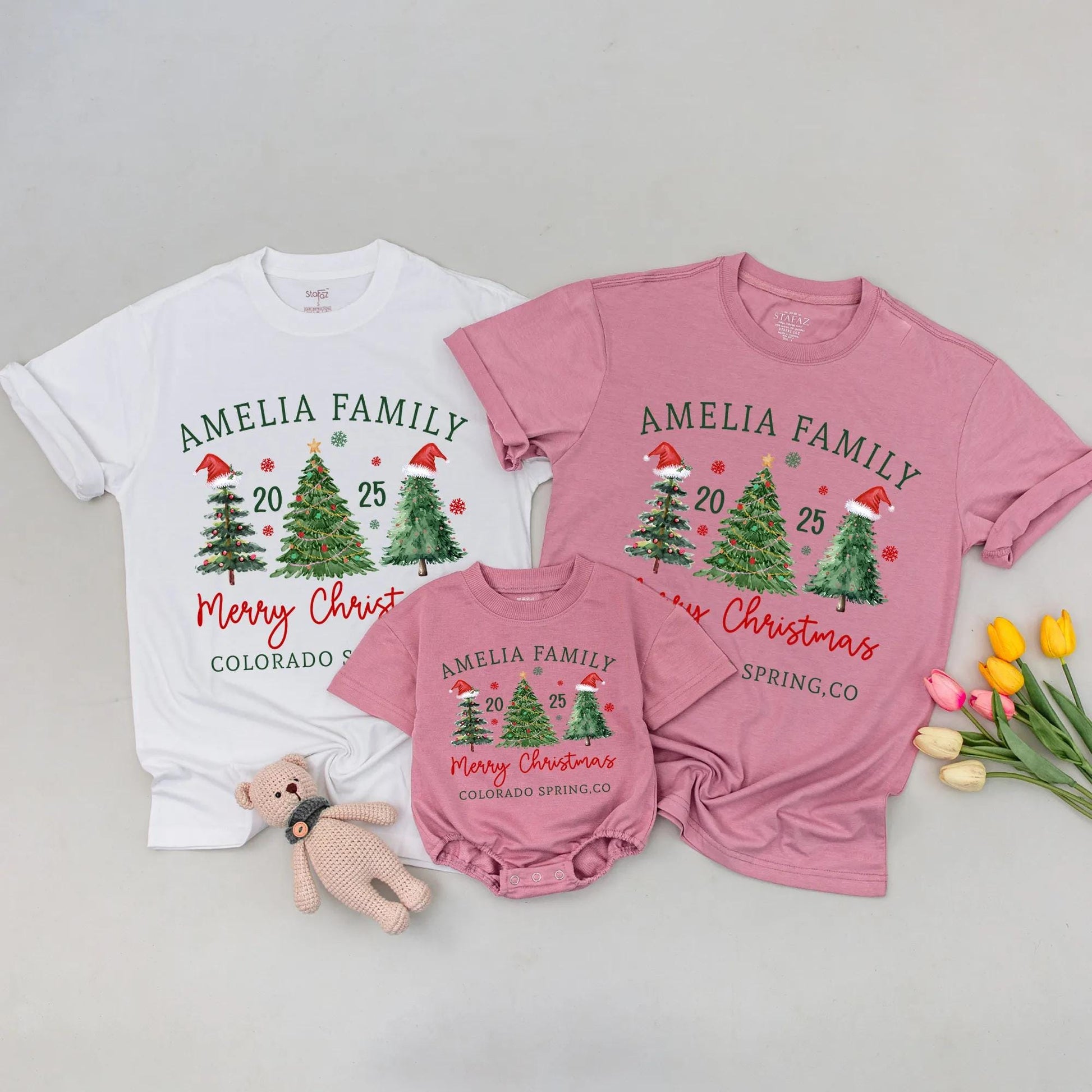 Custom Matching Family Christmas 2025 Shirt, Whimsical Watercolor Tree Design Featuring Your Family Name, Merry Christmas, Santa Hat