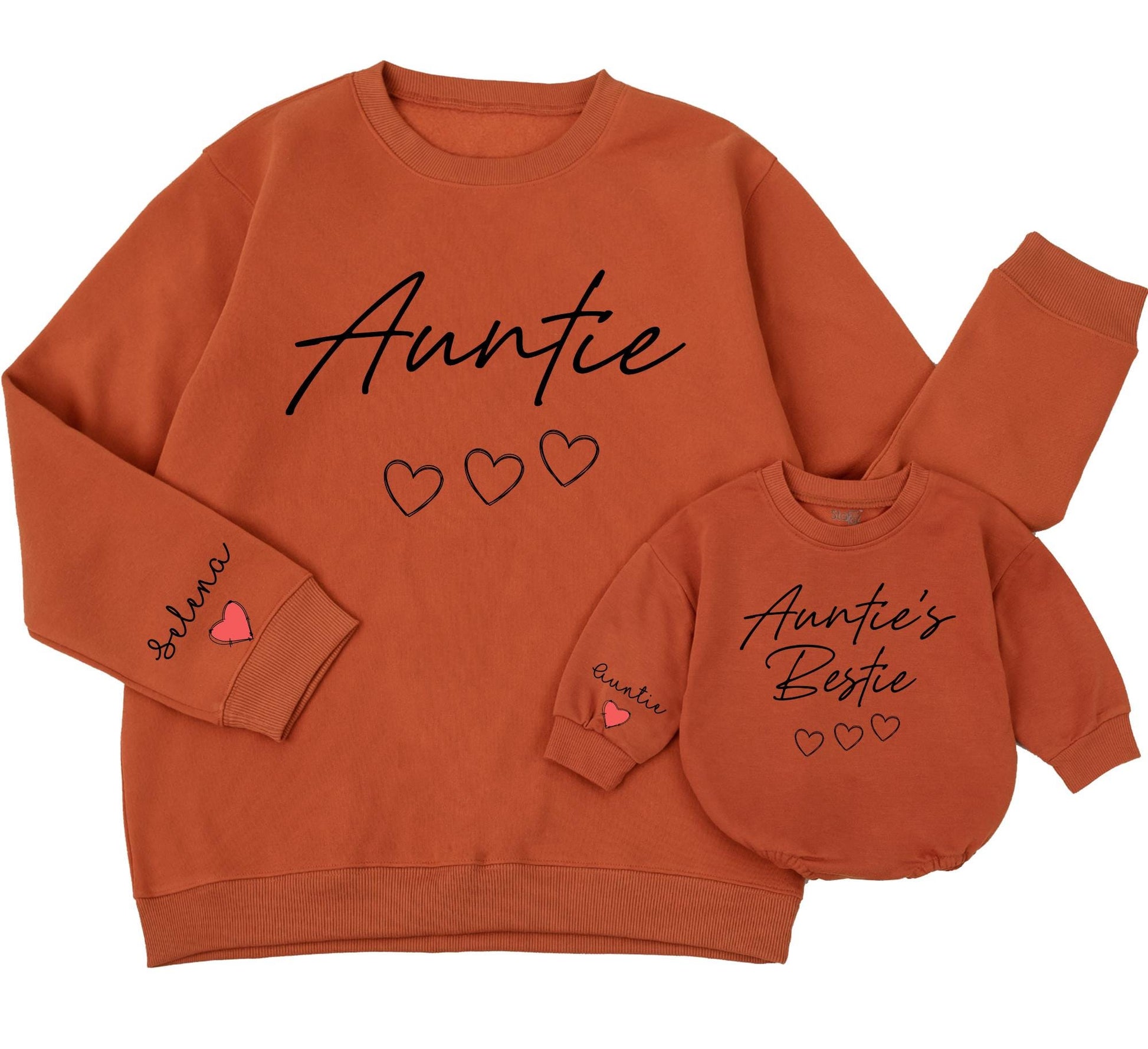 Personalized Auntie and Auntie's Bestie Matching Sweatshirts with Custom Name Script Sleeve and Red Heart Detail for Family Gifts Toddler Baby Romper Newborn Outfit