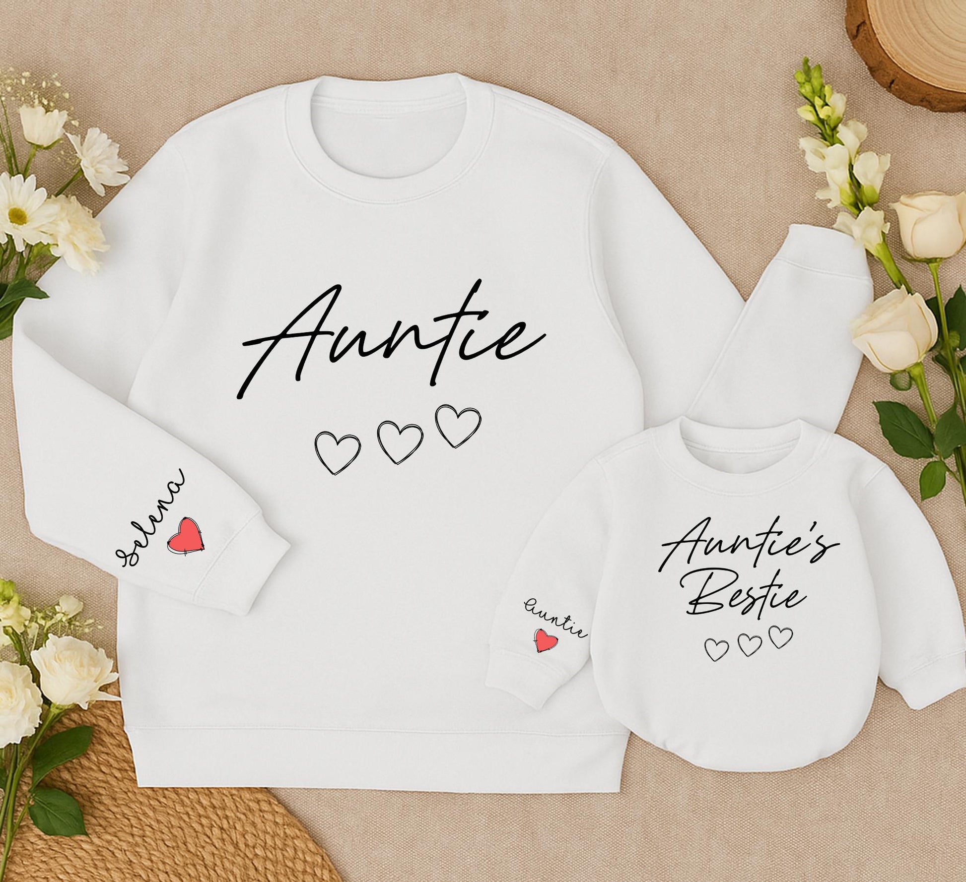 Personalized Auntie and Auntie's Bestie Matching Sweatshirts with Custom Name Script Sleeve and Red Heart Detail for Family Gifts Toddler Baby Romper Newborn Outfit