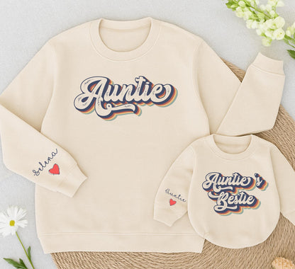 Personalized Auntie and Auntie's Bestie Matching Sweatshirt Family Romper Newborn Baby Toddler Gift Retro Navy Red Yellow Design with Name Heart