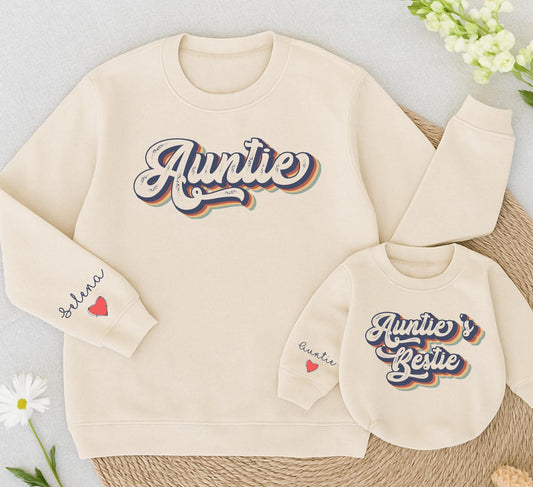 Personalized Auntie and Auntie's Bestie Matching Sweatshirt Family Romper Newborn Baby Toddler Gift Retro Navy Red Yellow Design with Name Heart