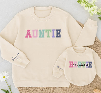 Personalized Matching Auntie & Bestie Sweatshirt Romper Set Pastel Block Letter Outlines Cursive Names Modern Baby Toddler Gift