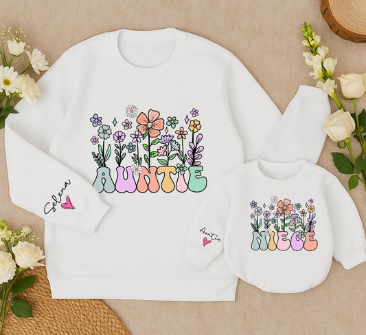 Personalized Matching Auntie and Niece Retro Floral Sweatshirt Romper Set with Vintage Colorful Flowers Bubble Text Playful Family Gift