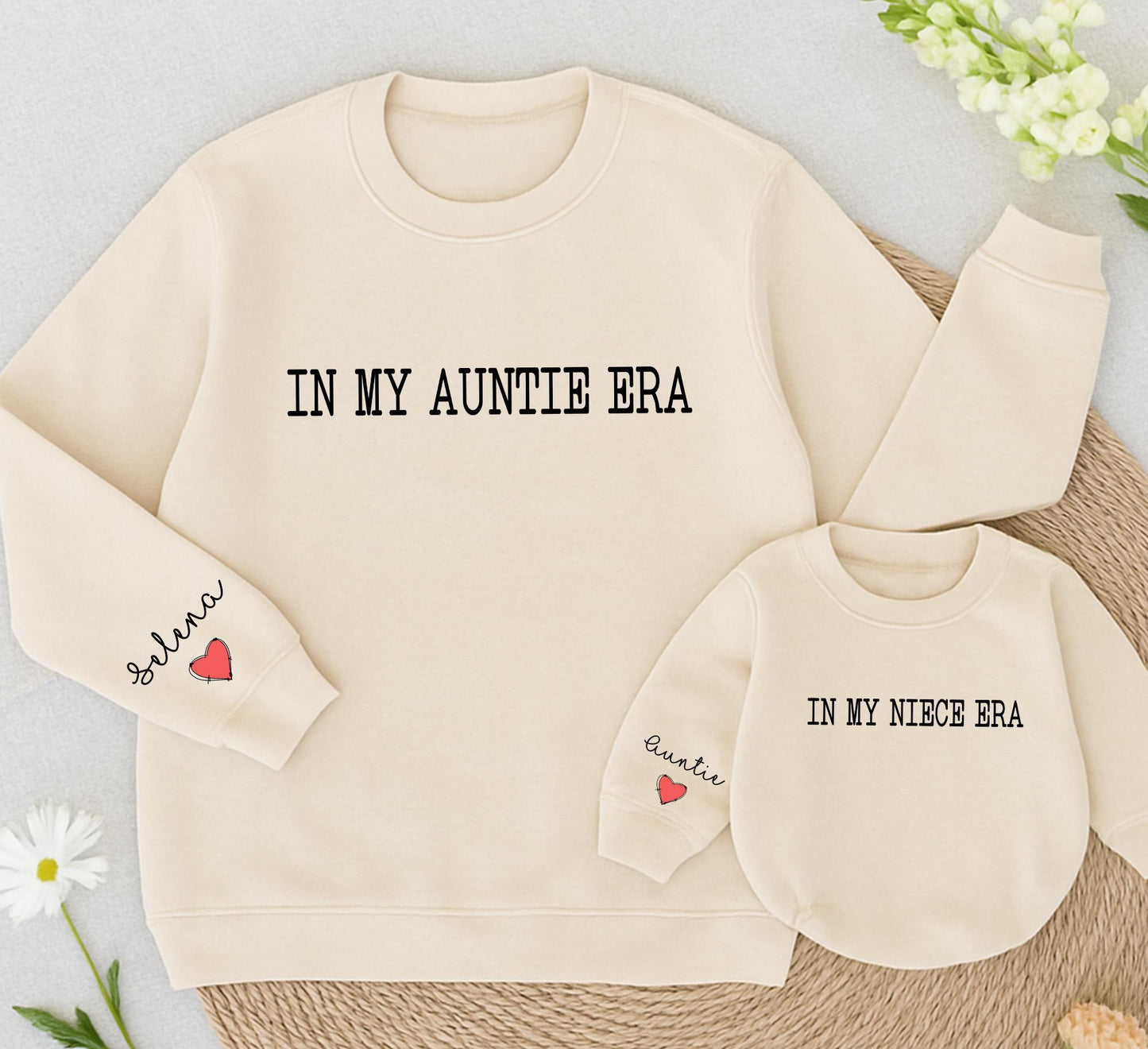 In My Auntie Era Retro Sweatshirt Matching Set, Niece Baby Romper Gift, Toddler Outfit, Selena Auntie Heart Design, Minimalist Vintage Family Shirts