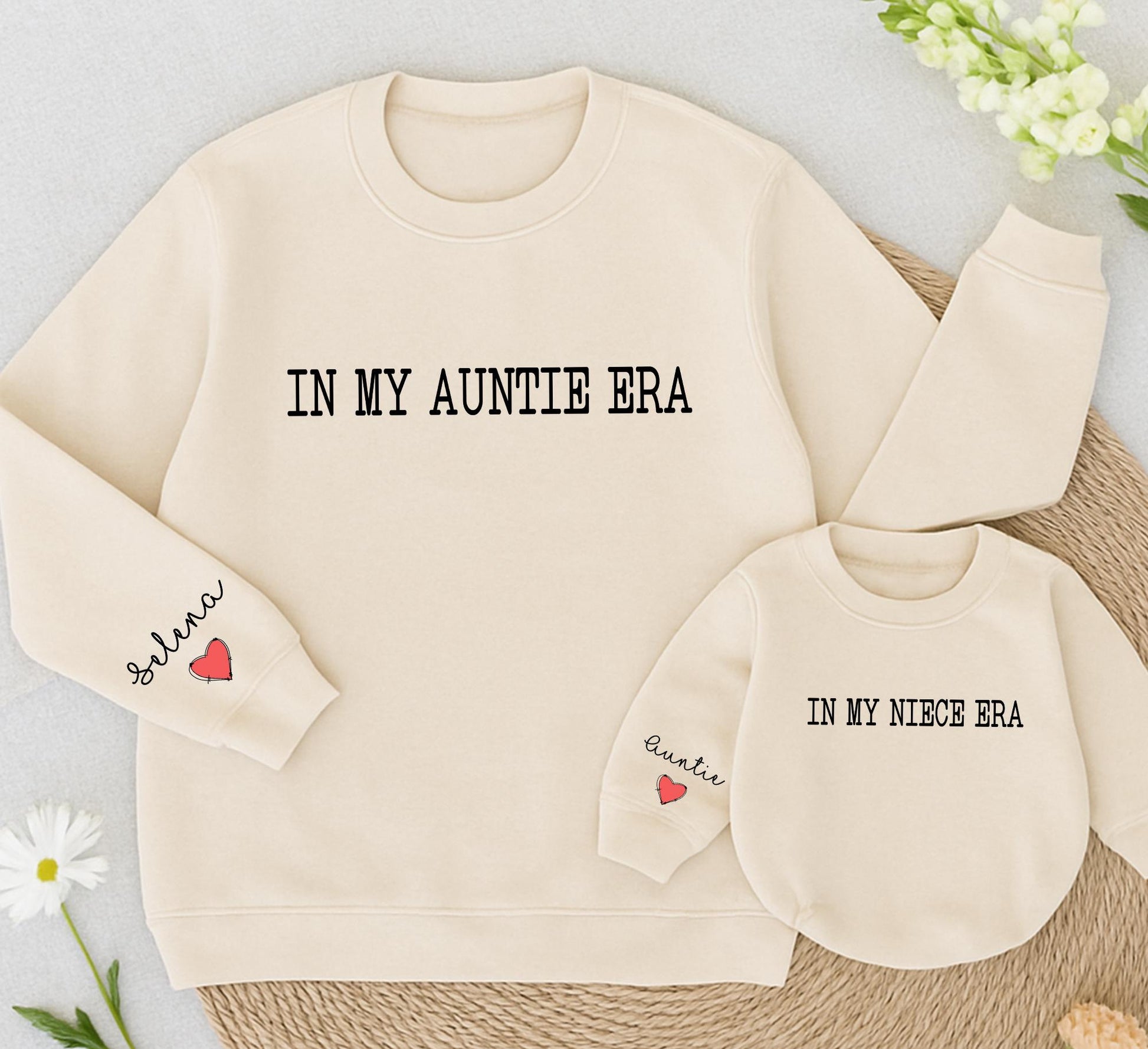 In My Auntie Era Retro Sweatshirt Matching Set, Niece Baby Romper Gift, Toddler Outfit, Selena Auntie Heart Design, Minimalist Vintage Family Shirts