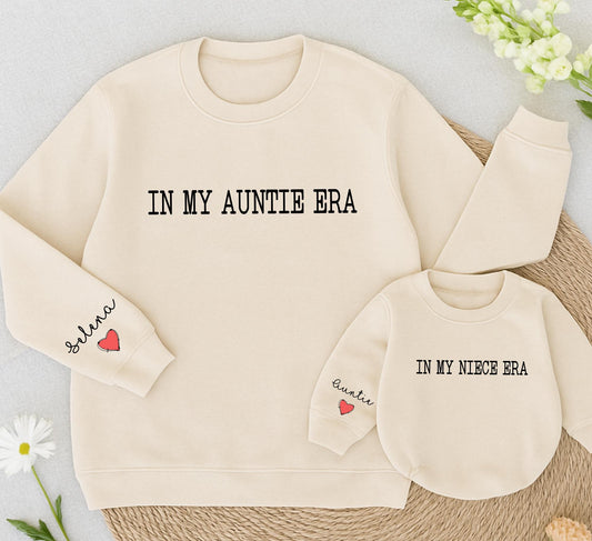 In My Auntie Era Retro Sweatshirt Matching Set, Niece Baby Romper Gift, Toddler Outfit, Selena Auntie Heart Design, Minimalist Vintage Family Shirts