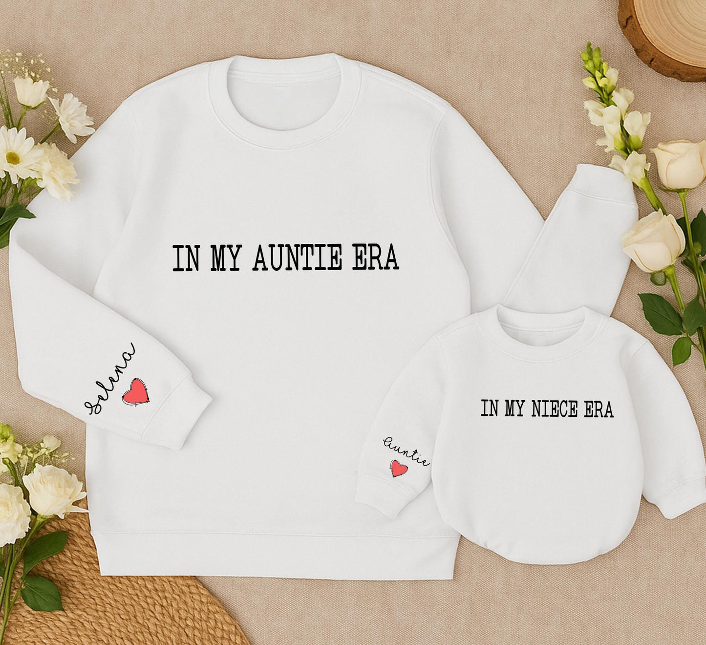 In My Auntie Era Retro Sweatshirt Matching Set, Niece Baby Romper Gift, Toddler Outfit, Selena Auntie Heart Design, Minimalist Vintage Family Shirts