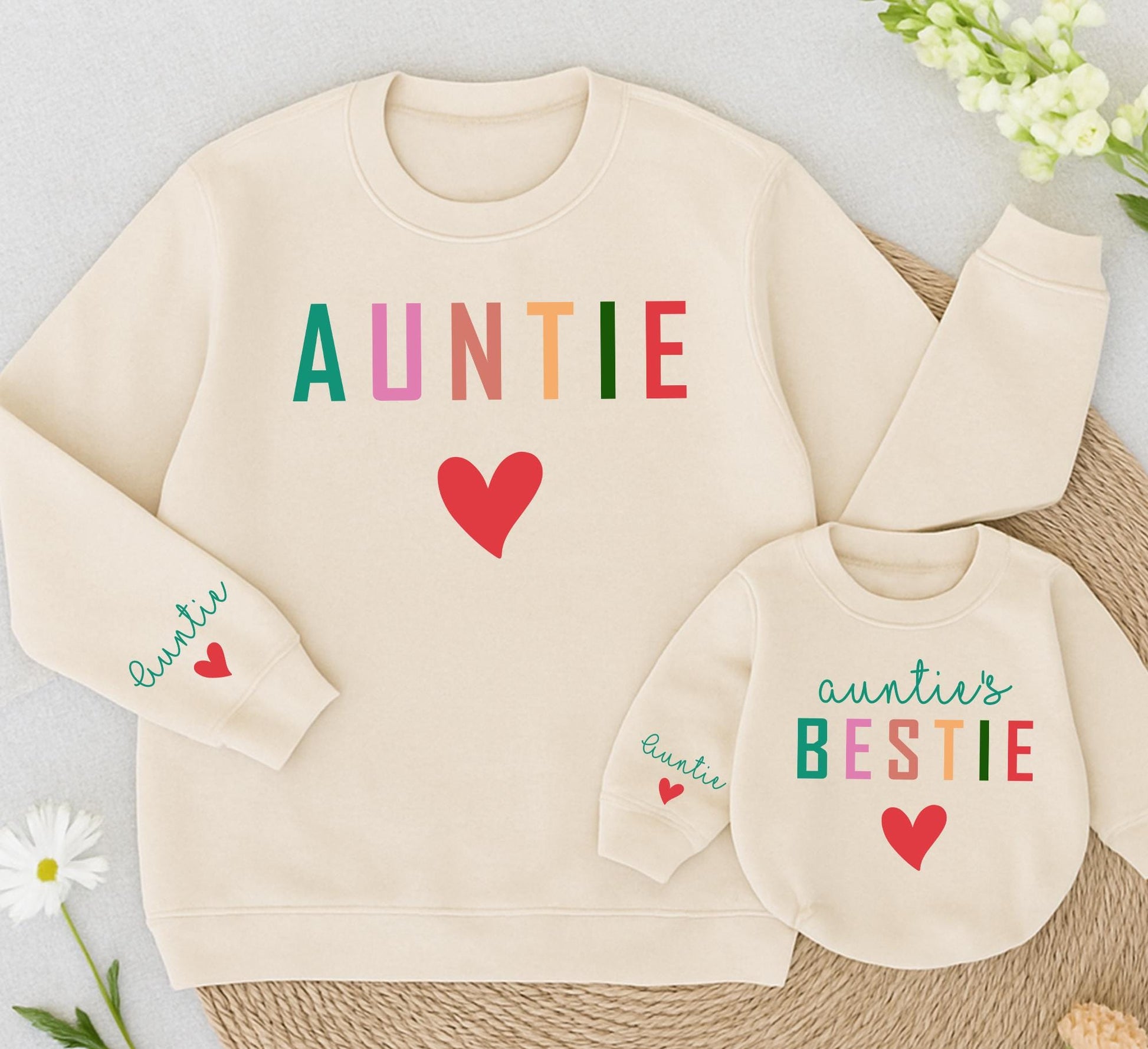 Sweet Auntie Bestie Matching Family Sweatshirt with Custom Name on Sleeve Red Heart Colorful Block Letters Cheerful Playful Gift
