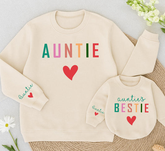 Sweet Auntie Bestie Matching Family Sweatshirt with Custom Name on Sleeve Red Heart Colorful Block Letters Cheerful Playful Gift