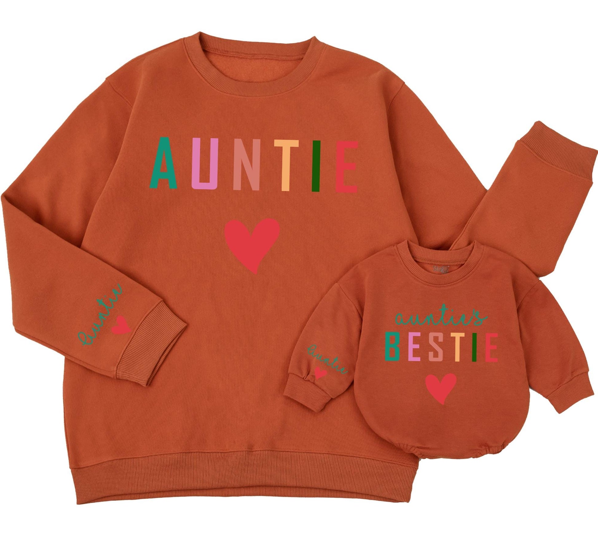 Sweet Auntie Bestie Matching Family Sweatshirt with Custom Name on Sleeve Red Heart Colorful Block Letters Cheerful Playful Gift