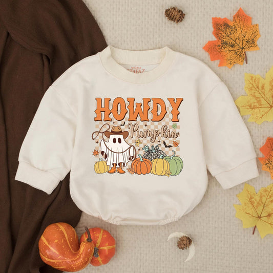 Howdy Pumpkin Cowboy Ghost Romper, Thanksgiving Outfit, Western Fall Baby Clothes, Cute Autumn Toddler Romper, Country Shower Gift (138 chars)