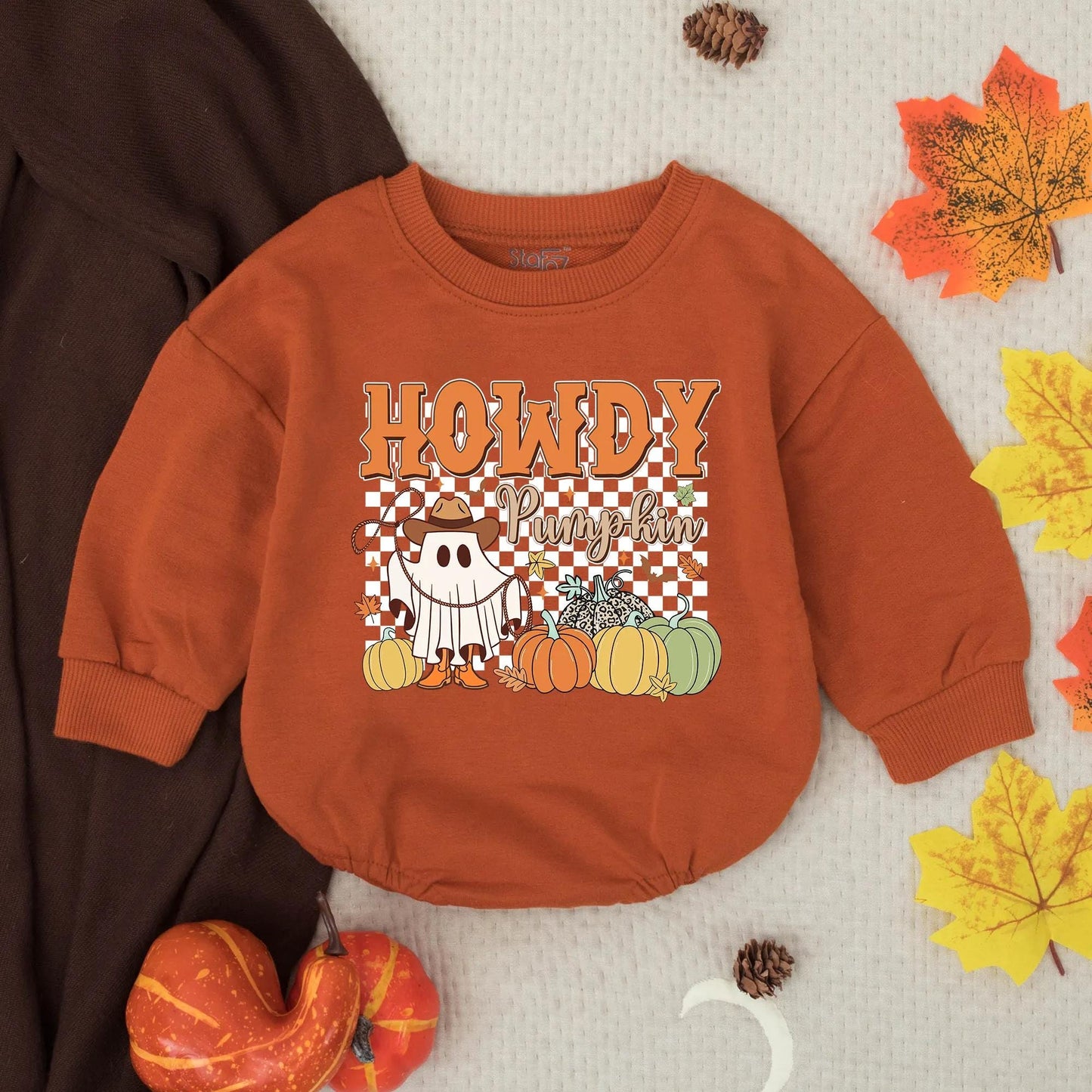 Howdy Pumpkin Cowboy Ghost Romper, Thanksgiving Outfit, Western Fall Baby Clothes, Cute Autumn Toddler Romper, Country Shower Gift (138 chars)