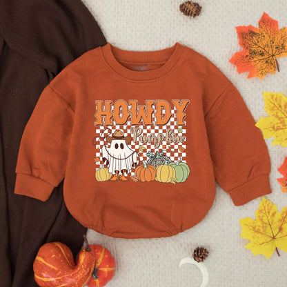 Howdy Pumpkin Cowboy Ghost Romper, Thanksgiving Outfit, Western Fall Baby Clothes, Cute Autumn Toddler Romper, Country Shower Gift (138 chars)