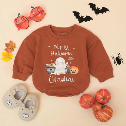 Personalized My 1st Halloween Bubble Romper, Cute Baby Girl Bodysuit, Caroline Name Ghost Pumpkin Outfit, Fall Baby Gift