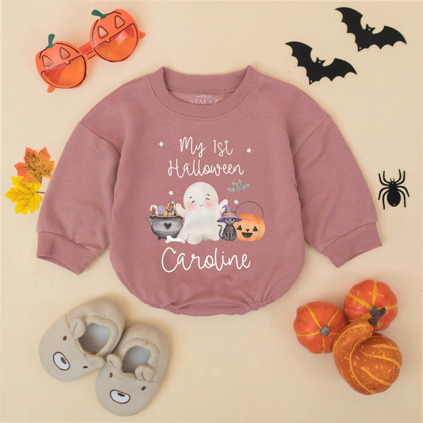 Personalized My 1st Halloween Bubble Romper, Cute Baby Girl Bodysuit, Caroline Name Ghost Pumpkin Outfit, Fall Baby Gift