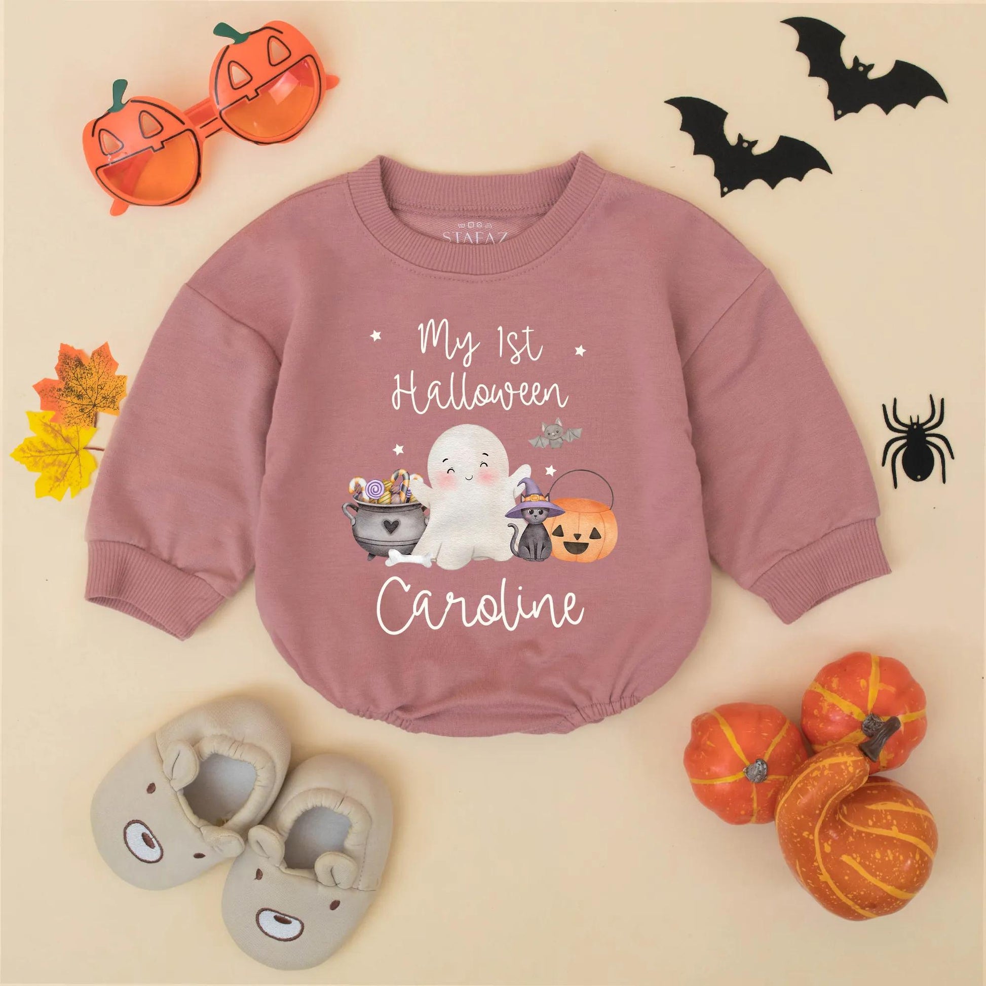 Personalized My 1st Halloween Bubble Romper, Cute Baby Girl Bodysuit, Caroline Name Ghost Pumpkin Outfit, Fall Baby Gift