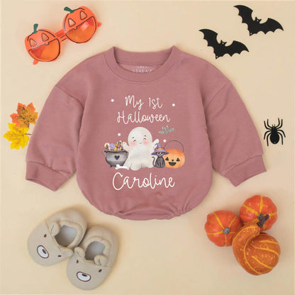 Personalized My 1st Halloween Bubble Romper, Cute Baby Girl Bodysuit, Caroline Name Ghost Pumpkin Outfit, Fall Baby Gift