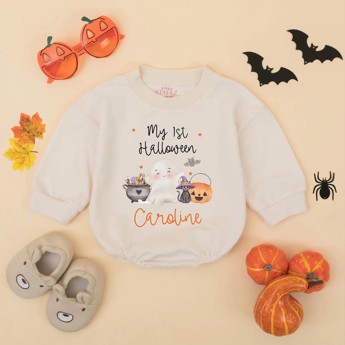 Personalized My 1st Halloween Bubble Romper, Cute Baby Girl Bodysuit, Caroline Name Ghost Pumpkin Outfit, Fall Baby Gift