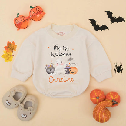 Personalized My 1st Halloween Bubble Romper, Cute Baby Girl Bodysuit, Caroline Name Ghost Pumpkin Outfit, Fall Baby Gift