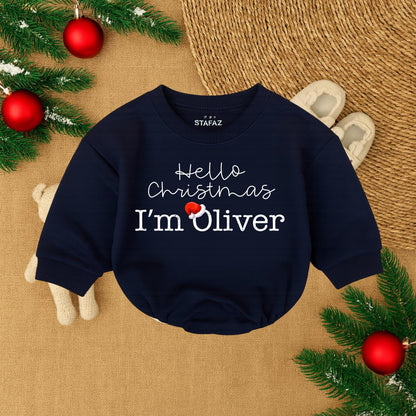 Baby Girl's 1st Christmas Romper 'Hello Christmas I'm Oliver' Santa Hat Design Newborn Outfit Gift Idea, Cozy & Comfortable