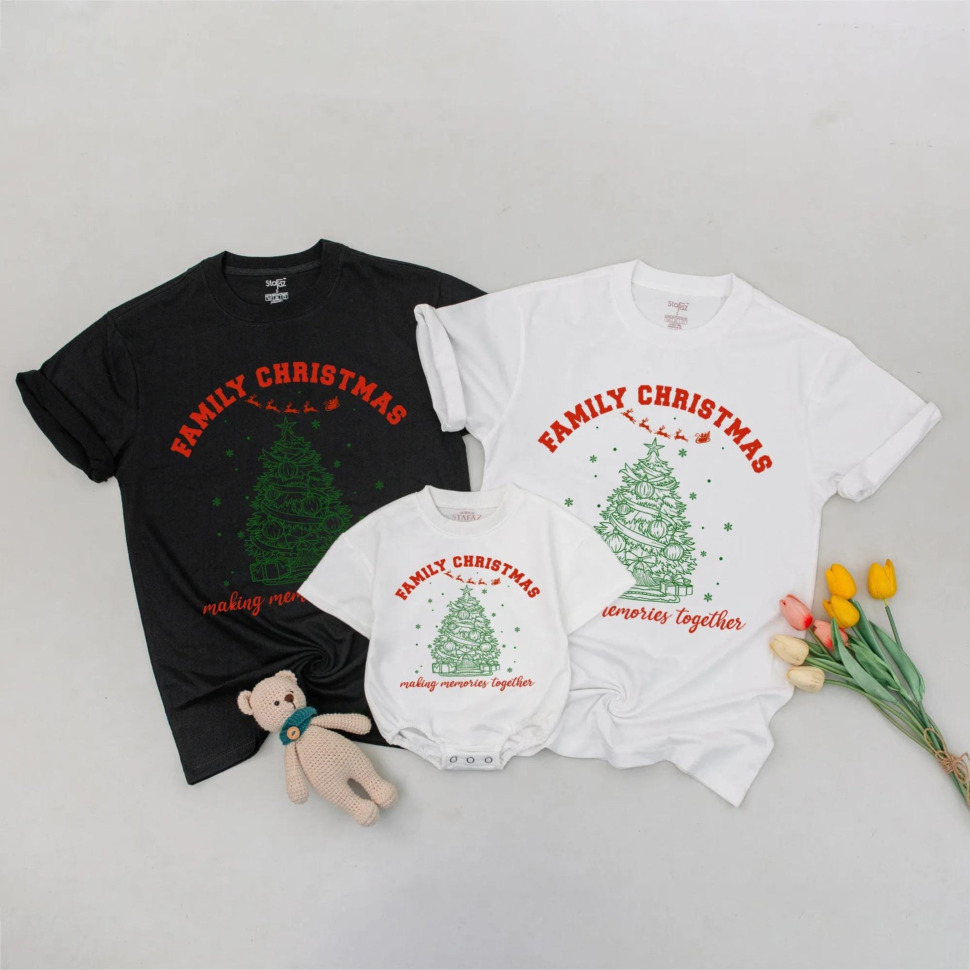 Family Christmas Matching Shirts with Festive Green Tree and Sleigh Design making memories together Cheerful Holiday Tee Comfortable Soft Cotton Outfit