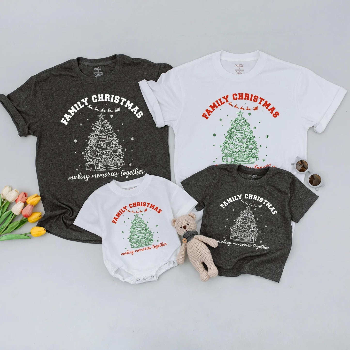 Family Christmas Matching Shirts with Festive Green Tree and Sleigh Design making memories together Cheerful Holiday Tee Comfortable Soft Cotton Outfit