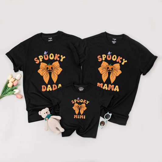 Retro Spooky Mama & Mini Matching Halloween Sweatshirt Cute Pumpkin Bow Witch Hat Family Outfit Orange Yellow Black Bats Stars